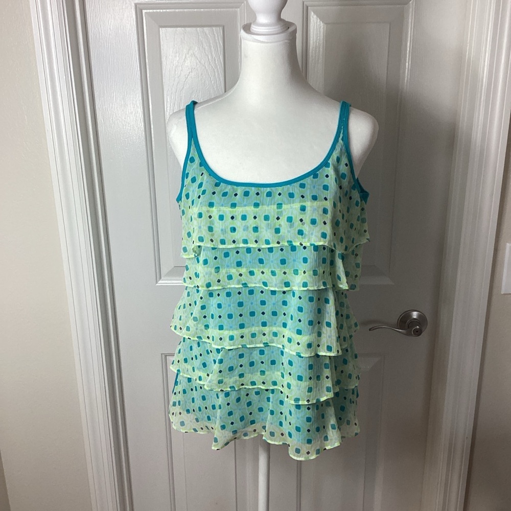 New York & Company Layered Teal Polka Dot Blouse Sz L